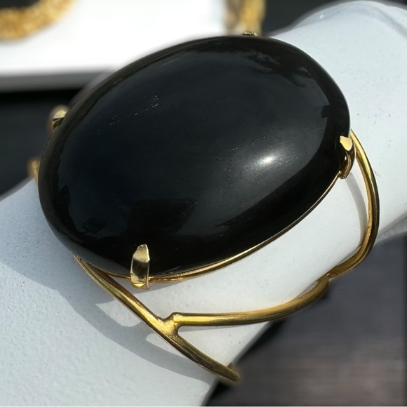 Vintage 10K Gold Filled Black Obsidian Cabochon Cuff Bracelet - Picture 2 of 9